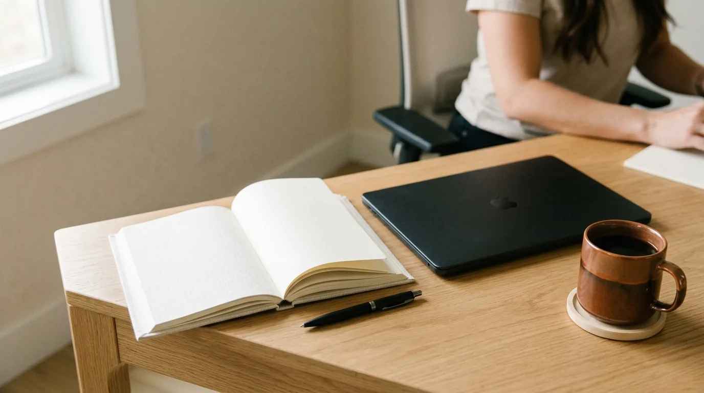 A clean desk setup prepared for an upcoming meeting.