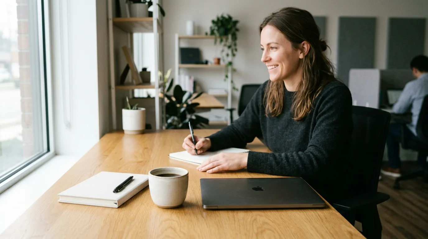 A minimalist workspace showing a closed laptop and notebook for meeting preparation.