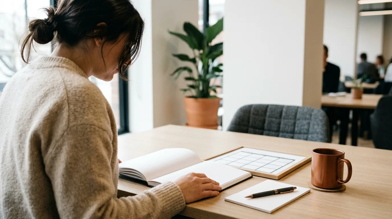 A desk with a notepad and planner ready for a meeting framework