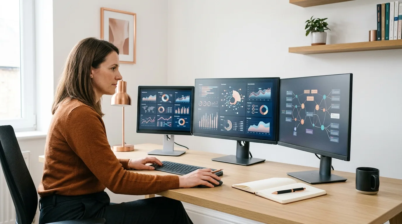 Digital displays showing market data and organizational charts arranged neatly on a professional workspace
