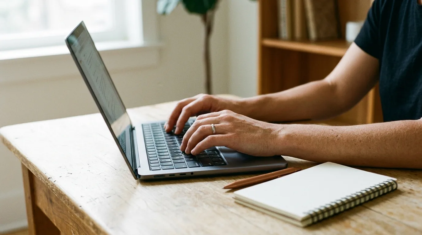Hands typing on a laptop next to a notebook representing pipeline documentation