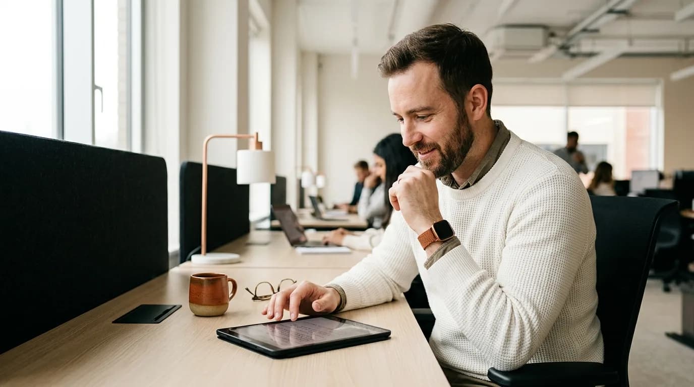 Un professionnel prépare ses rendez-vous sur une tablette tactile