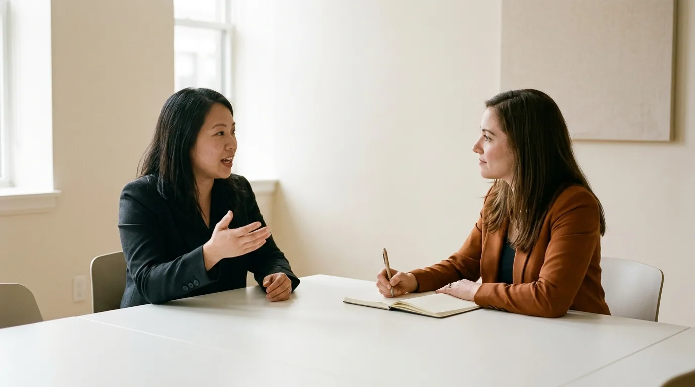 Two professionals in a first meeting listening to each other across a table
