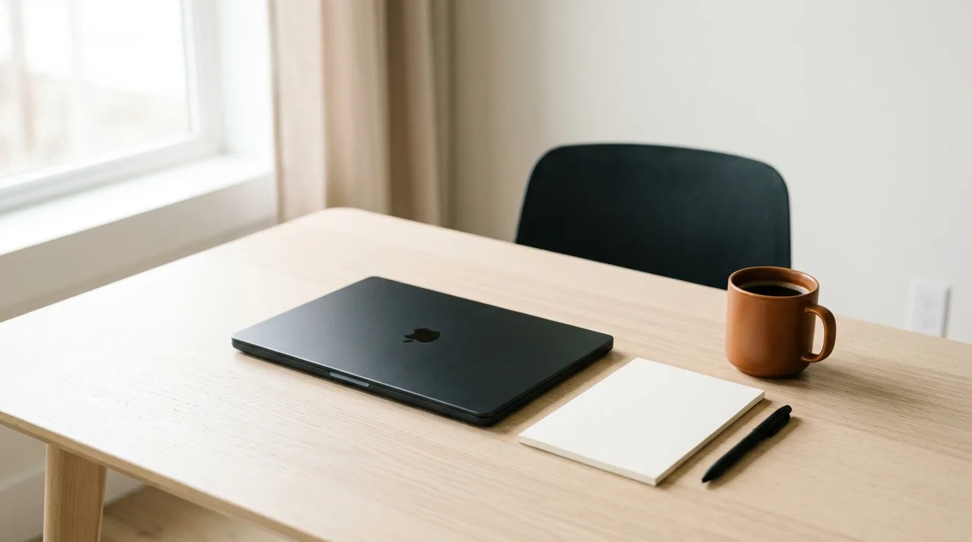 Schreibtisch mit Notizblock und Laptop für die Gesprächsvorbereitung