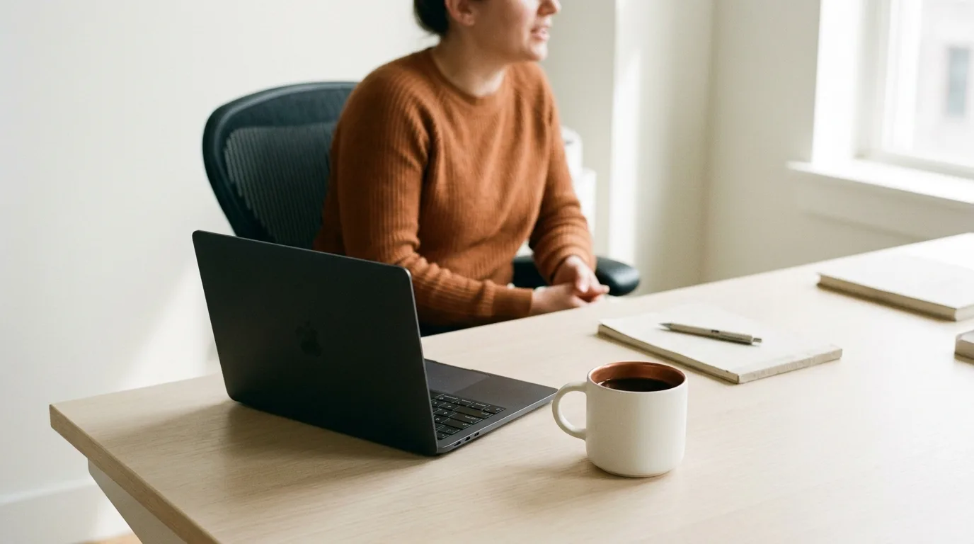 A clean desk setup showing a notepad and pen prepared for a meeting.