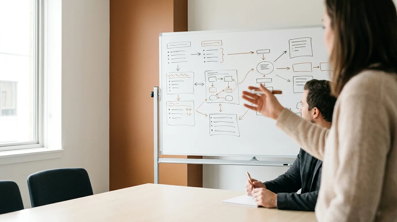 Planification visuelle d'une présentation stratégique sur tableau blanc