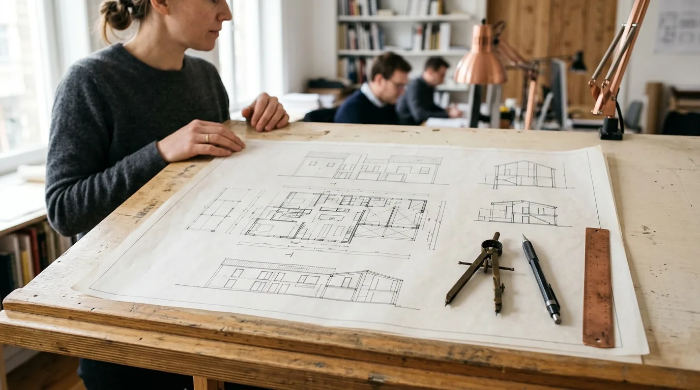 A detailed architectural blueprint on a drafting table showing precision and planning.