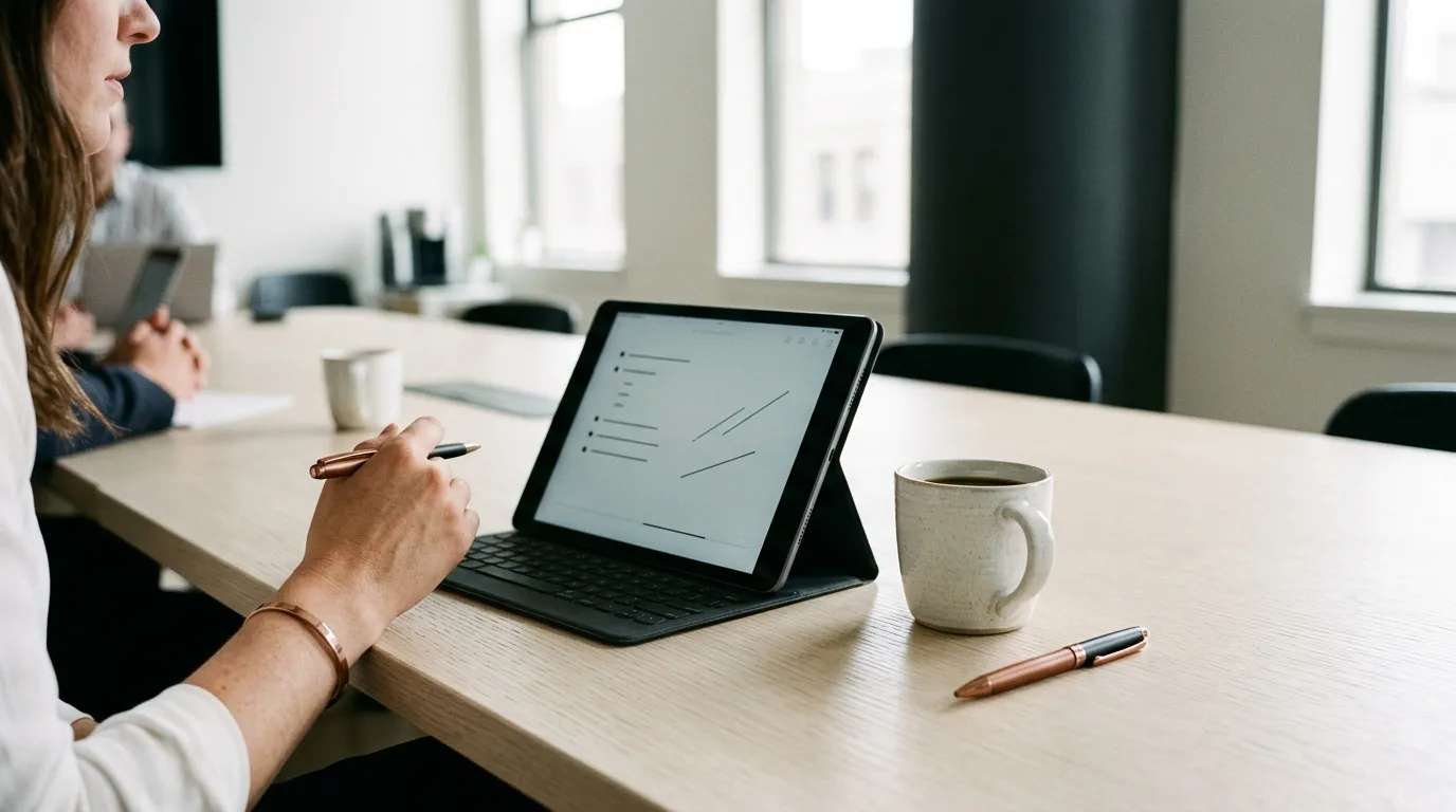 Digital tablet on a conference table displaying a structured list next to a coffee mug