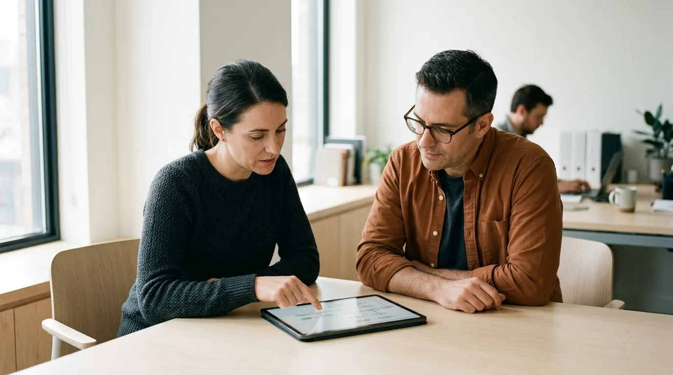 Professionals discussing strategy at a conference table during a discovery meeting