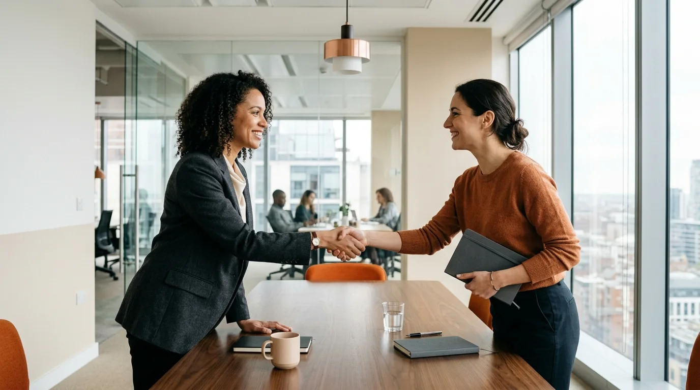 Two professionals shaking hands in a modern office meeting