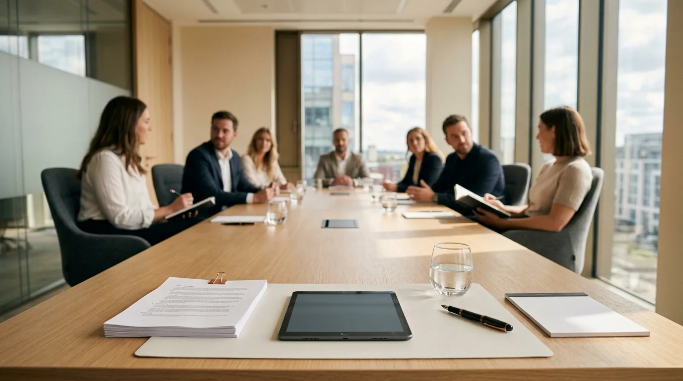 Table de salle de réunion préparée pour réussir un pitch investisseur