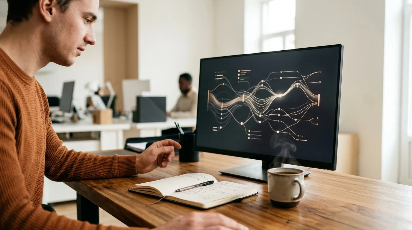Escritorio corporativo con un panel visual de análisis de datos y conexiones en pantalla