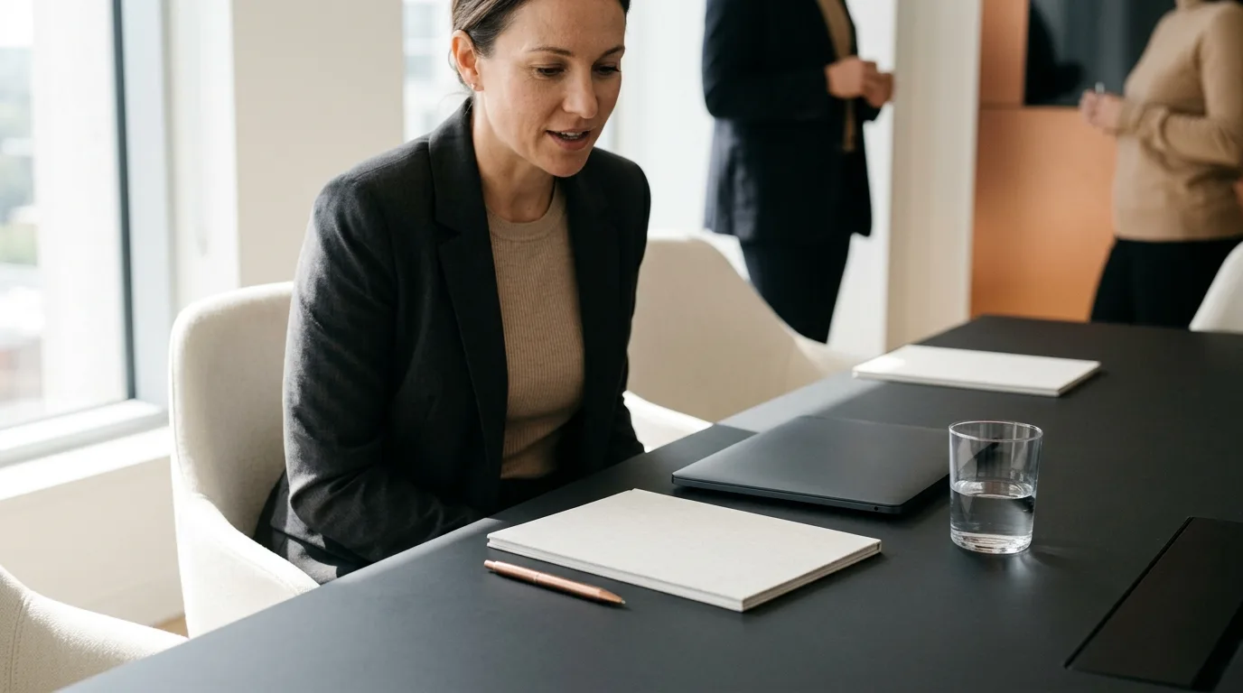 A prepared meeting setup with a notepad, pen, and laptop on a clean boardroom table.