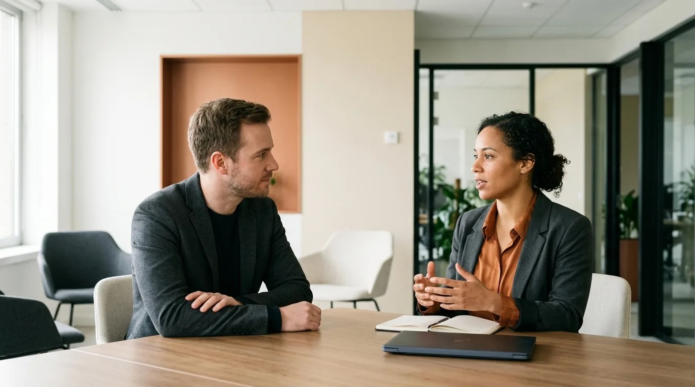 Deux professionnels en pleine réunion B2B analysant les besoins dans un bureau moderne