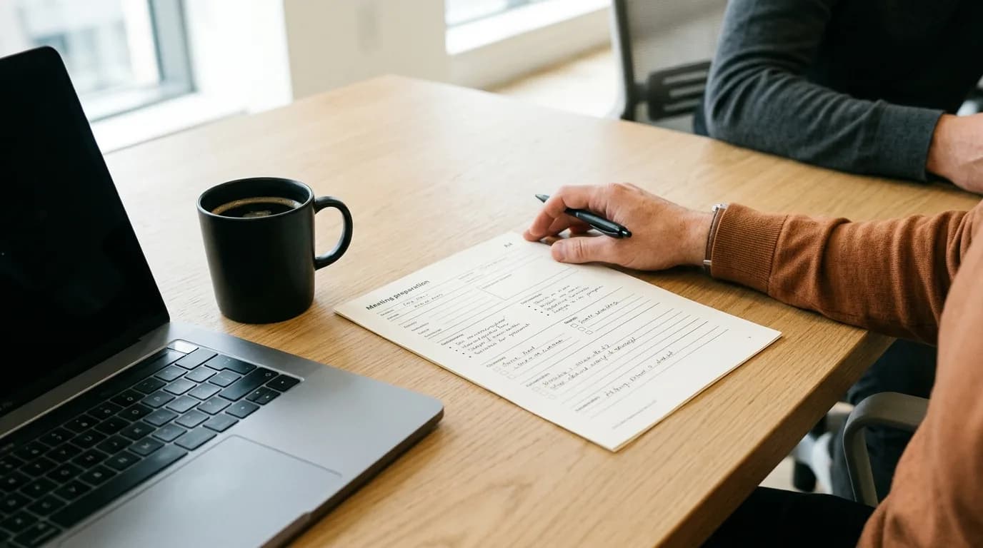 A professional desk setup showing meeting preparation materials and a modern laptop.