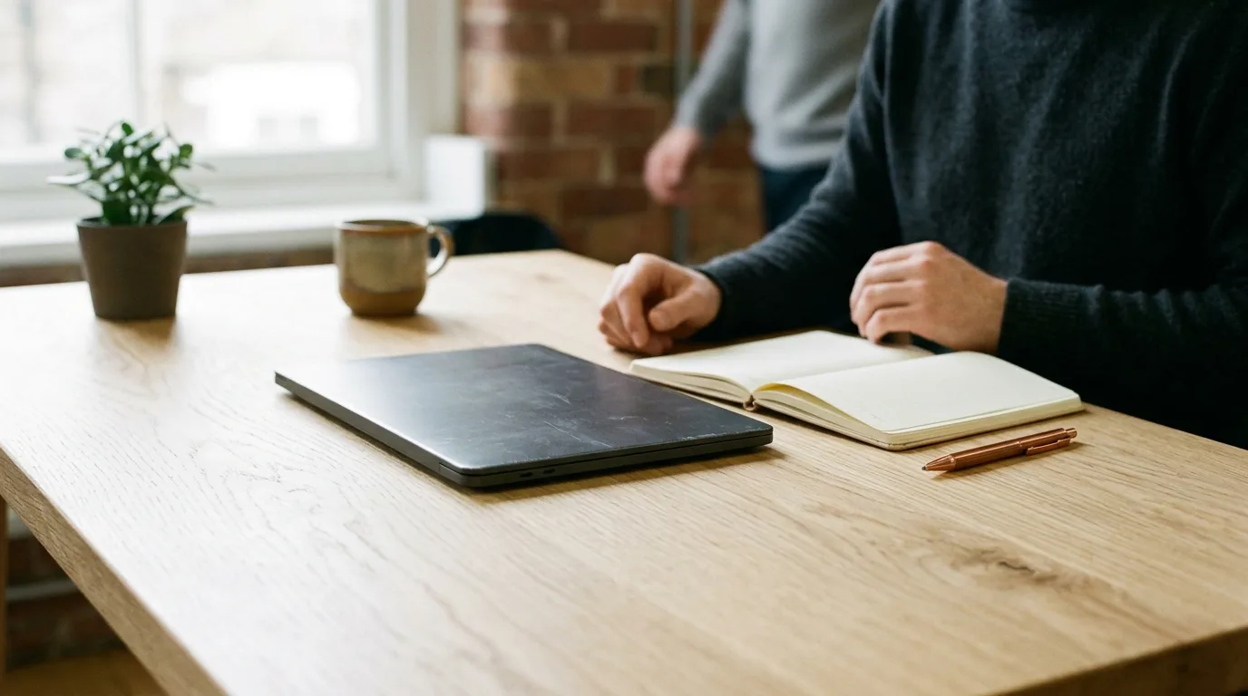 Escritorio organizado para la preparación de investigación de prospectos B2B con libreta y portátil