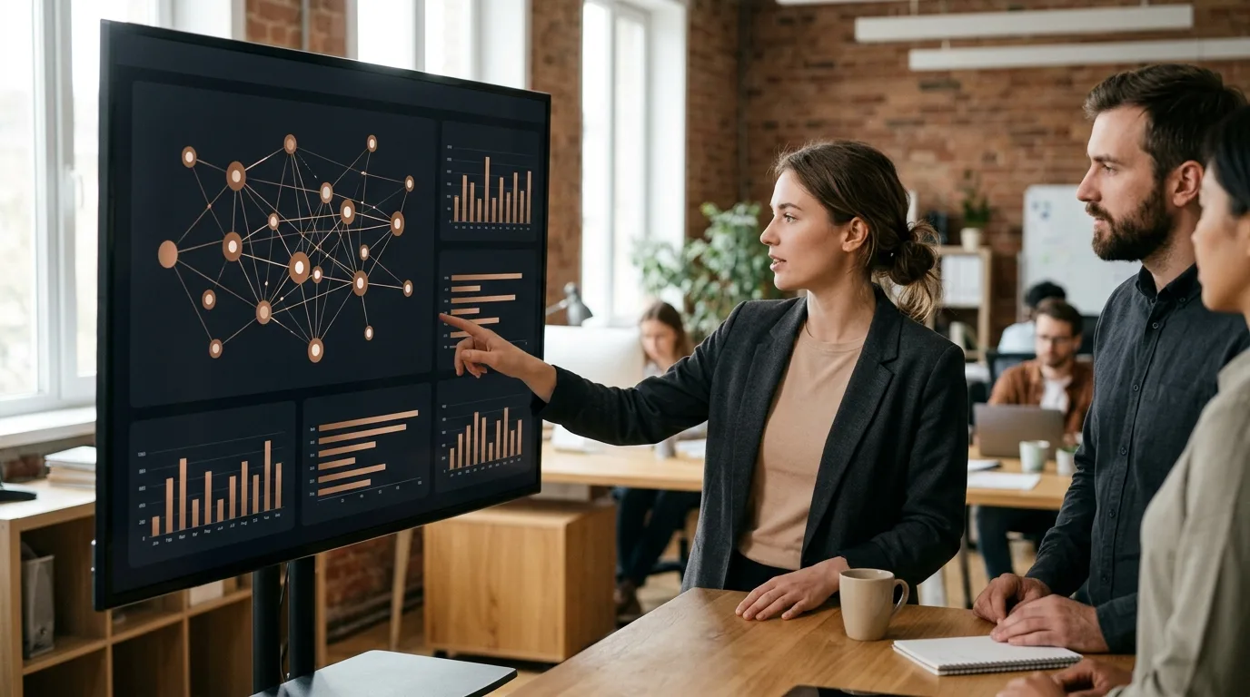 Digital dashboard interface displaying data nodes and analytics charts