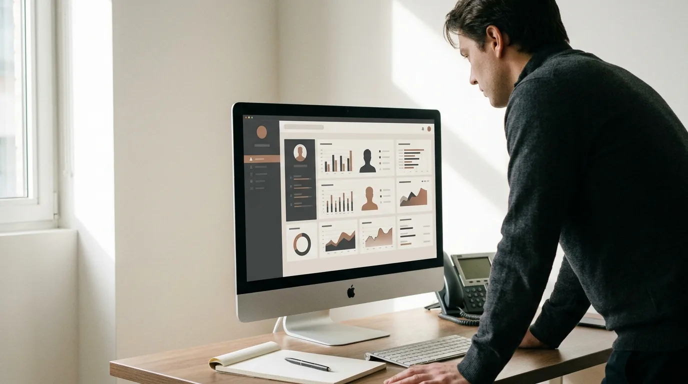 A salesperson using a digital dashboard to research prospects for rapport building.
