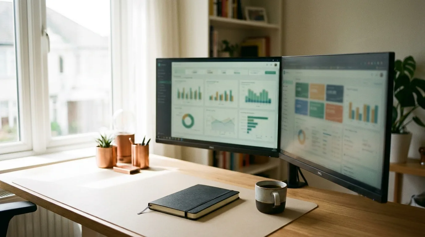 A modern desk setup showing data dashboards representing a modernized prospect research job.