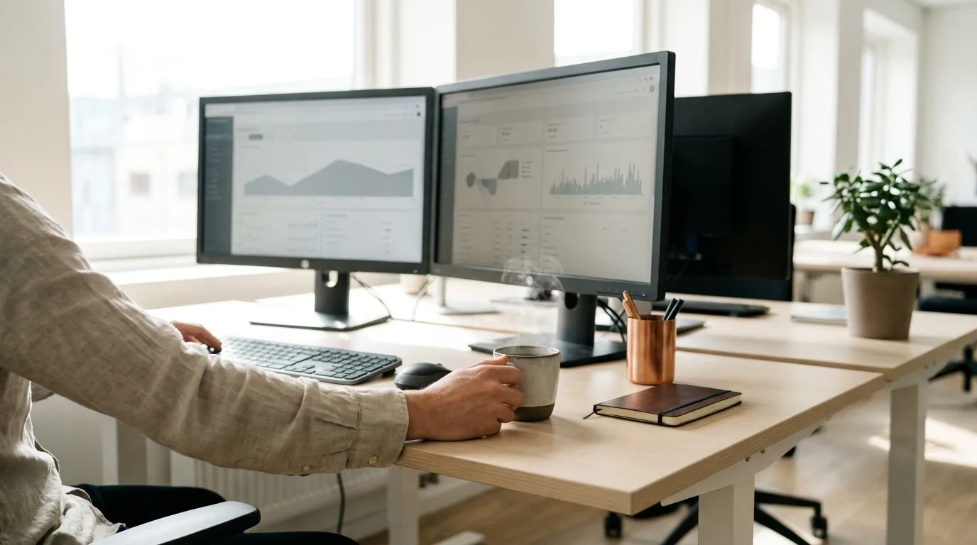 Dual monitors displaying analytics dashboards on a modern office desk with natural light
