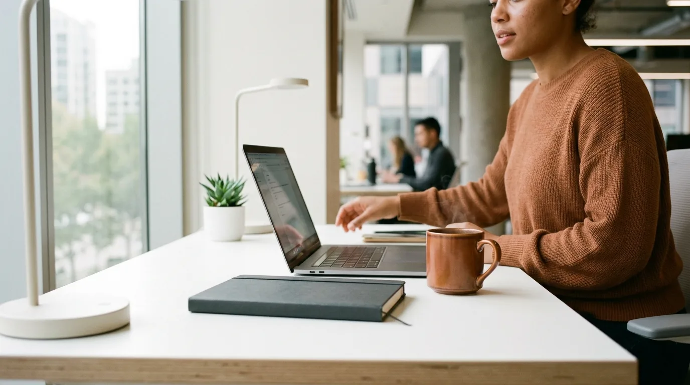 A modern office desk setup highlighting efficient workspace organization for meeting preparation.