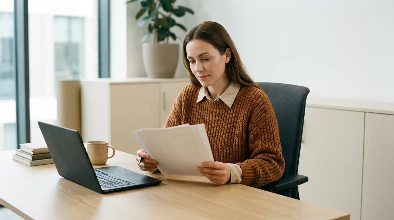 Professional reviewing documents at a desk to prepare for a meeting