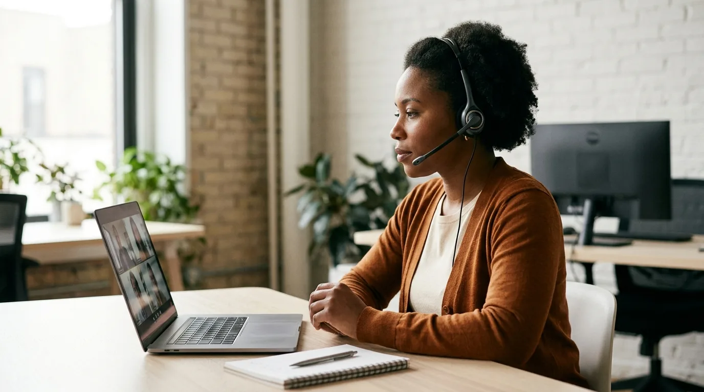 Salesperson listening during a video discovery call with a notebook open