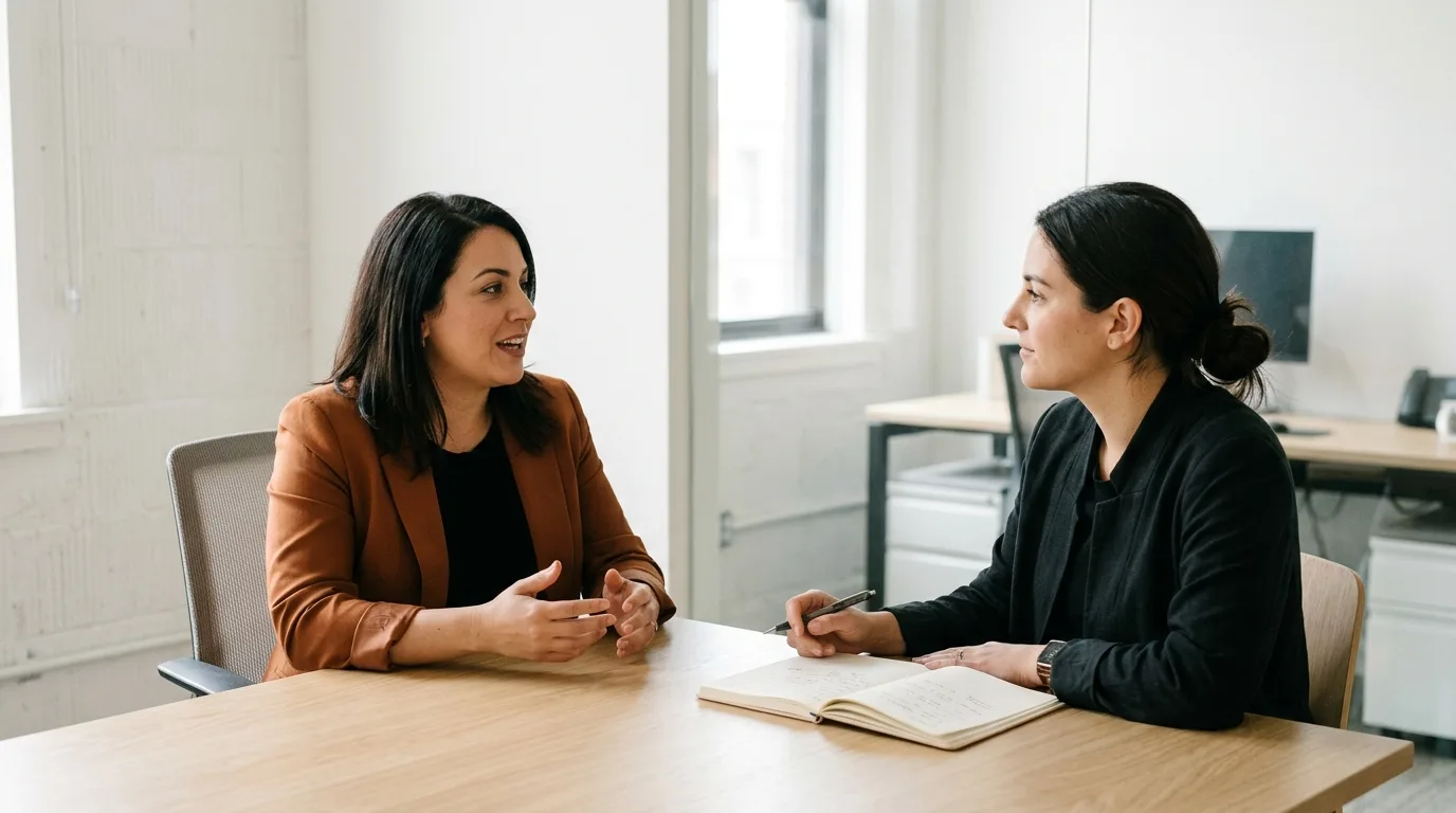 Two professionals talking across a table in a first meeting