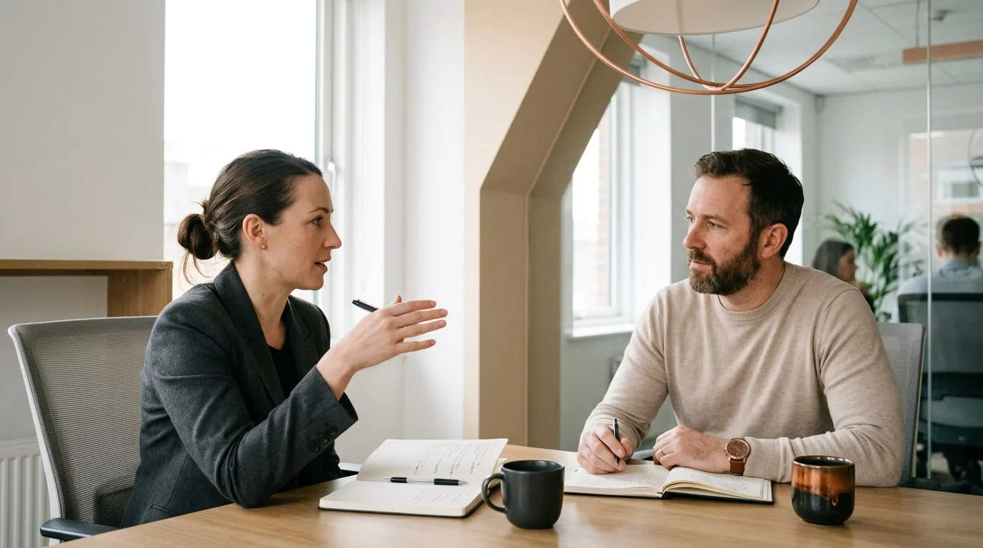 Two professionals talking across a table at a first client meeting