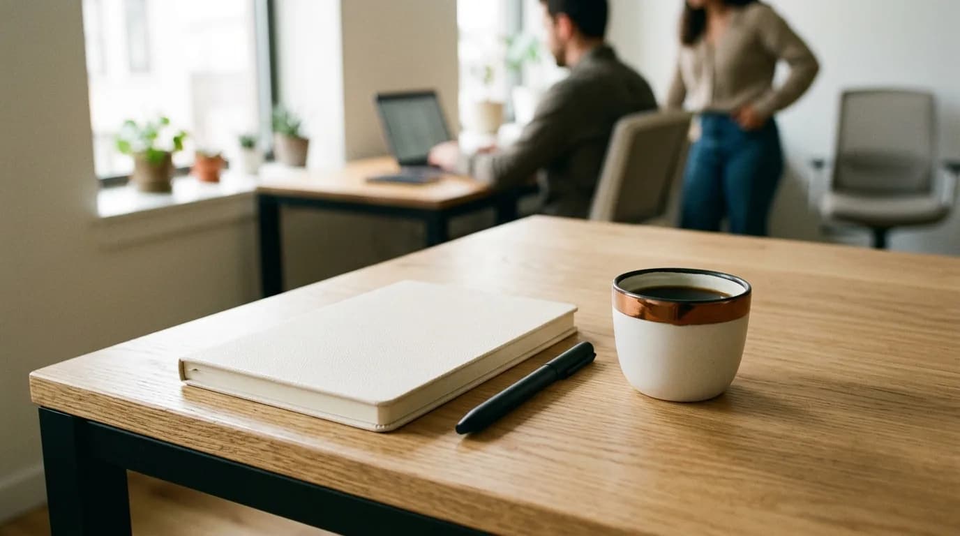 Bureau minimaliste avec carnet fermé et tasse de café illustrant la préparation d'un exemple de pitch écrit