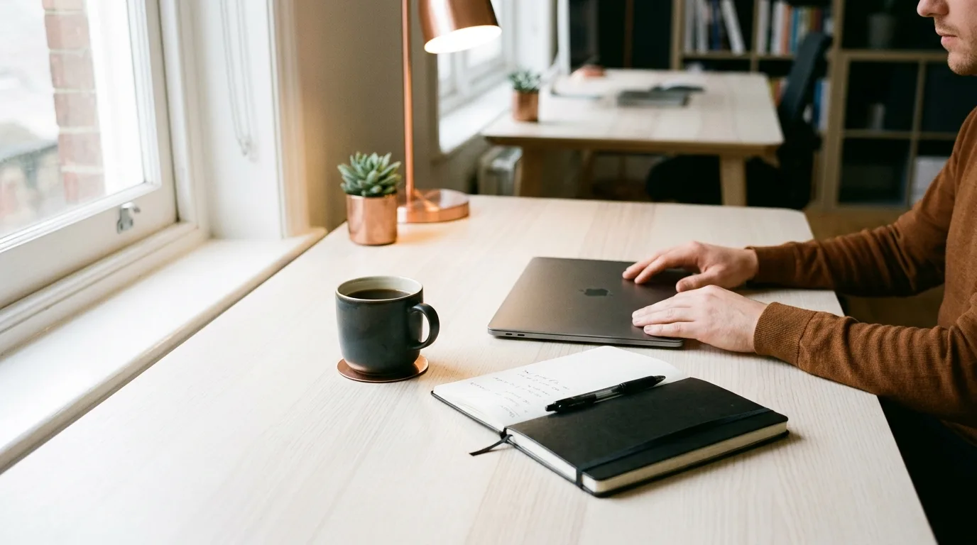Ein professioneller Schreibtisch mit Notizbuch und Laptop zur Vorbereitung