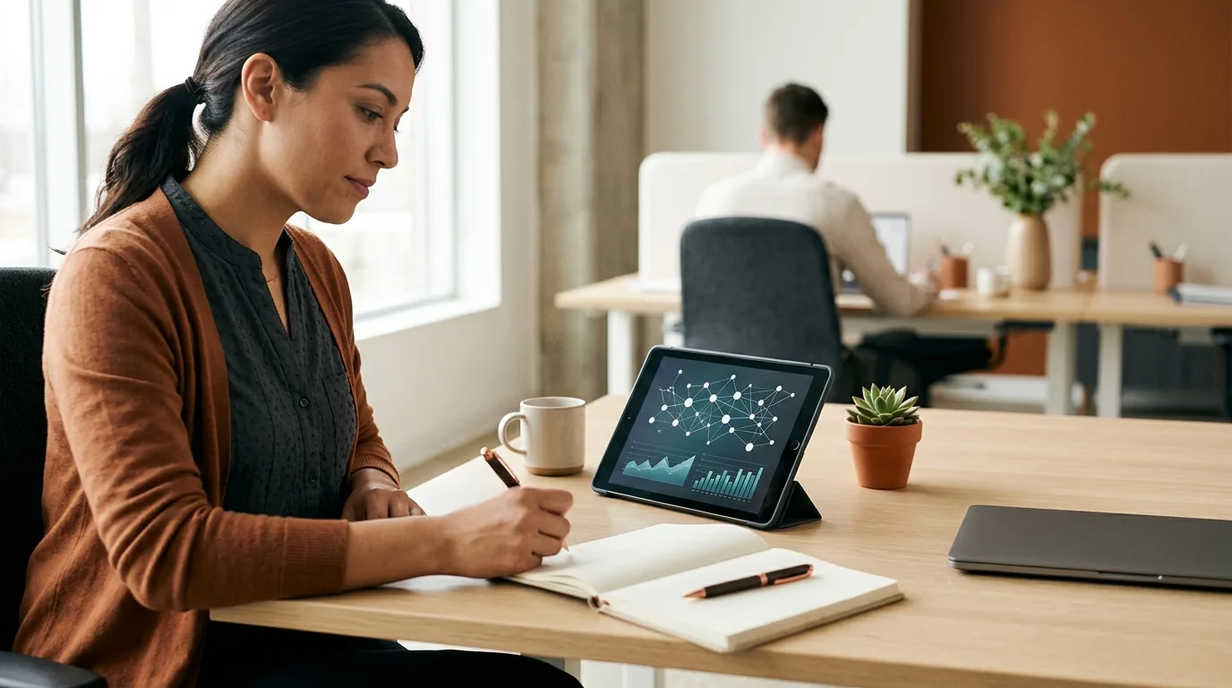 Digital tablet displaying network node connections on a desk