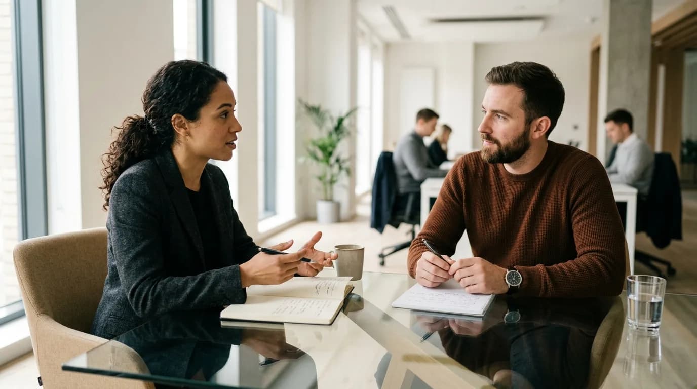 Dos profesionales conversando en una oficina moderna durante un encuentro corporativo