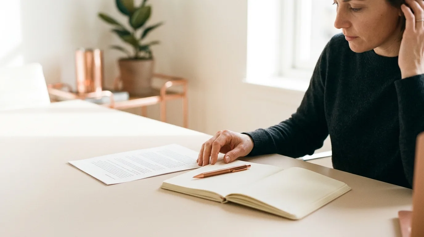 Un bureau organisé avec un document imprimé et un carnet de notes