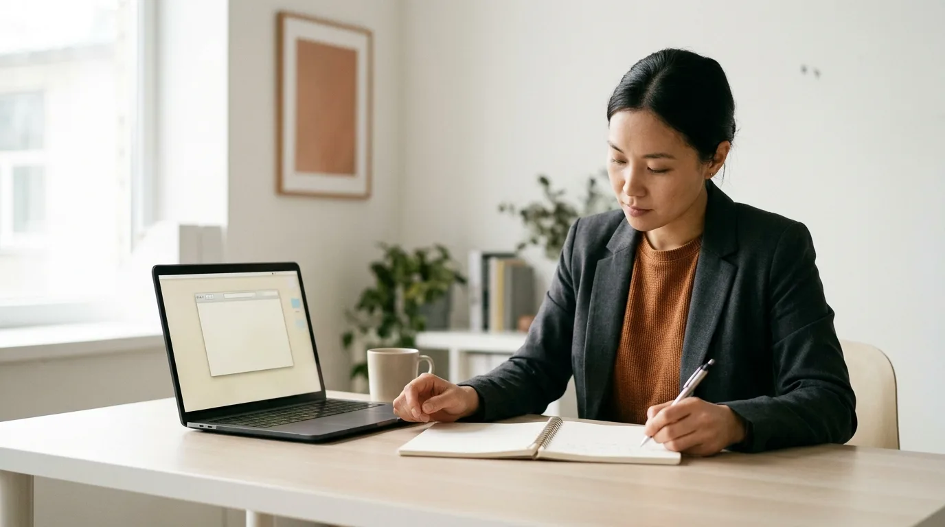 Sales professional writing follow-up notes at a desk after a call
