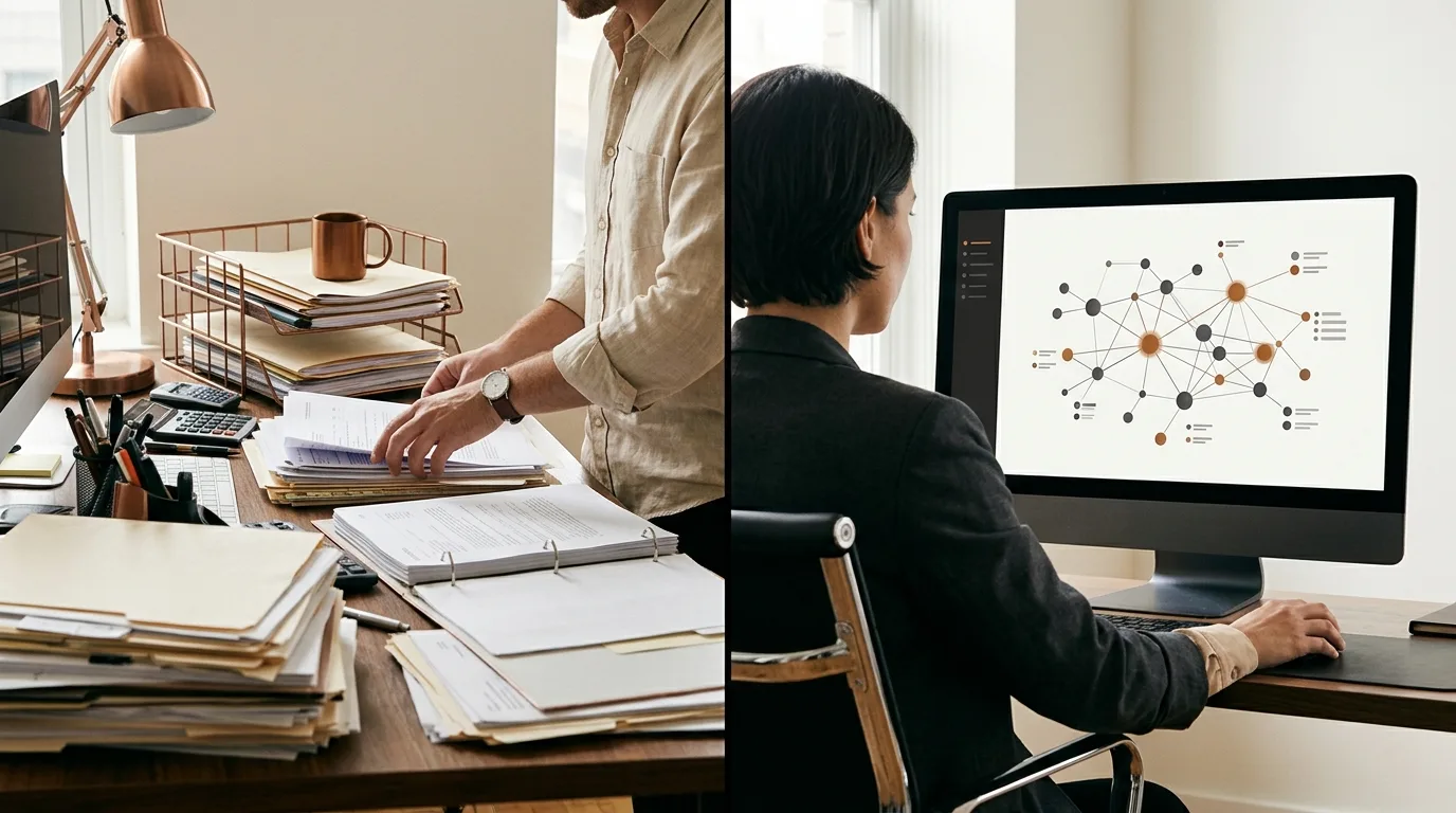 Side by side comparison of messy manual meeting research and an automated digital dashboard