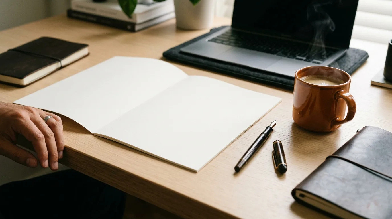 Une feuille de papier et un stylo sur un bureau préparant un exemple de pitch écrit.