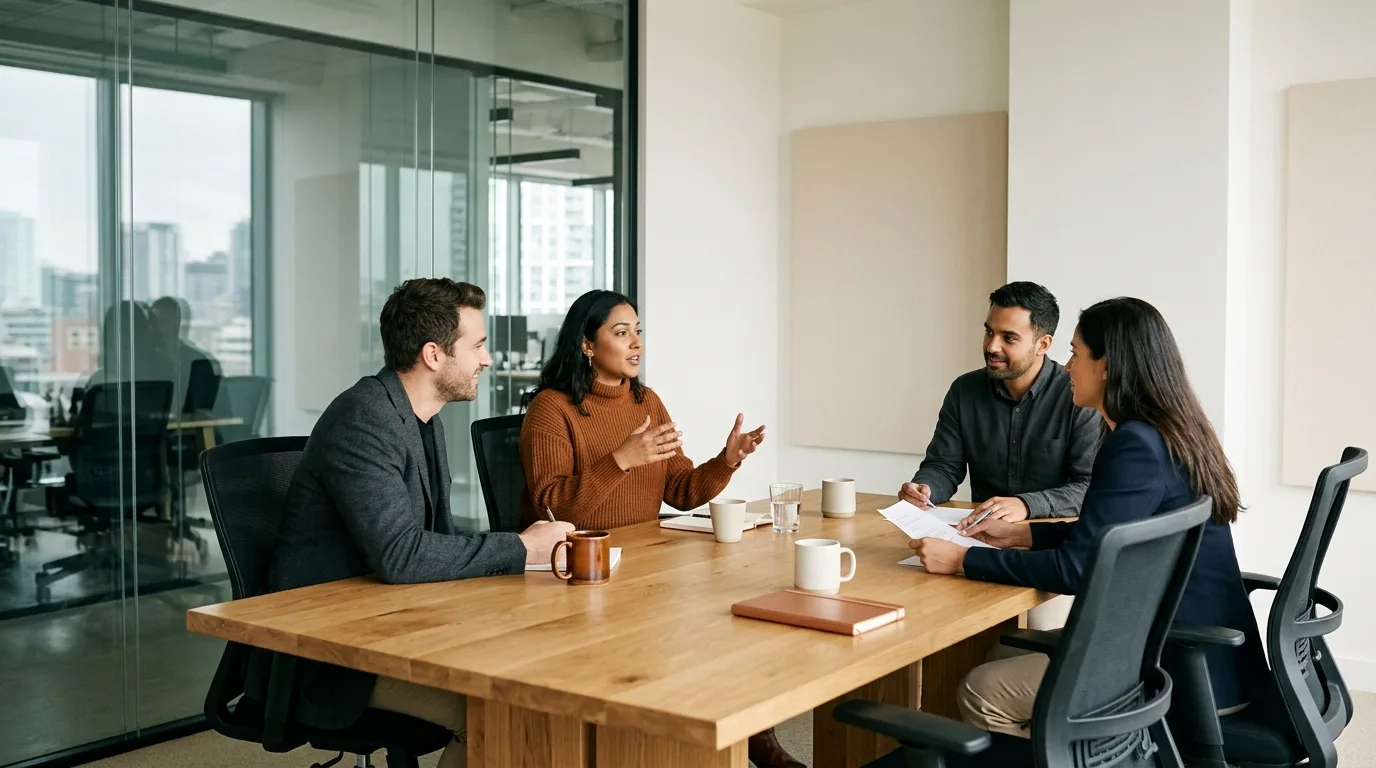 A modern corporate meeting room prepared for a high-stakes discovery call.