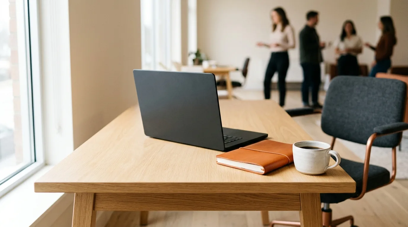 A modern workspace showing an organized desk ready for meeting preparation.