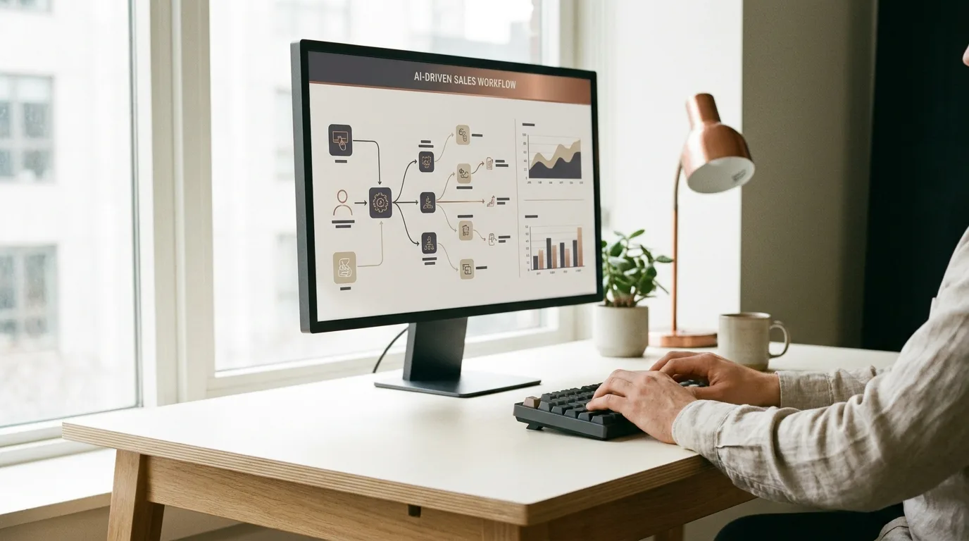 Modern office desk setup showing automated ai sales assistant workflows on a screen.