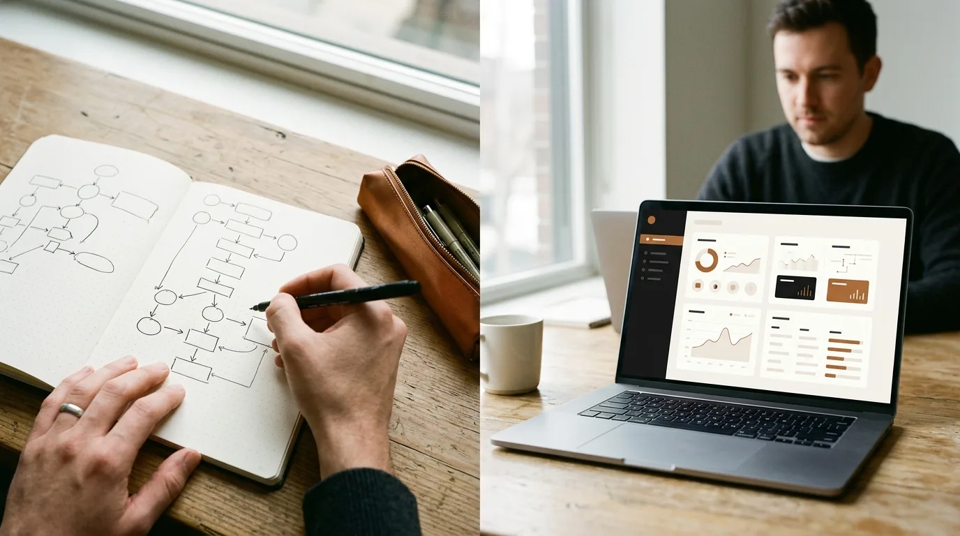 Notizbuch und Laptop auf einem Holzschreibtisch als Symbol für Vorbereitung.